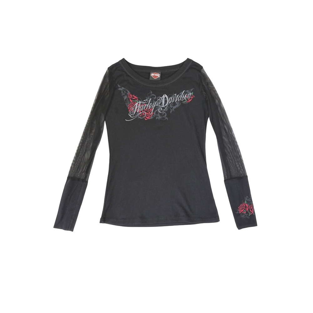 Y2K Vintage Harley Davidson Sheer Long Sleeve Rose Shirt Size Medium Motorcycle